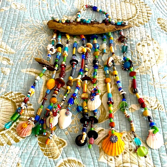 Artisan Other - Mobile shells trade beads driftwood glass fish chevrons wooden beads hand made